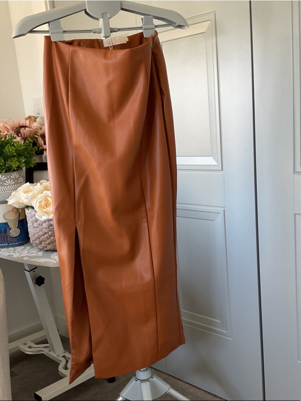 Meshki Rust Orange Faux Leather Maxi Skirt with Front Slit